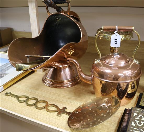 A Victorian copper coal helmet and scoop, a Victorian copper kettle and three other pieces